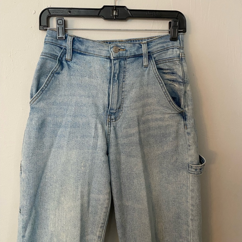 high rise light washed utility jeans